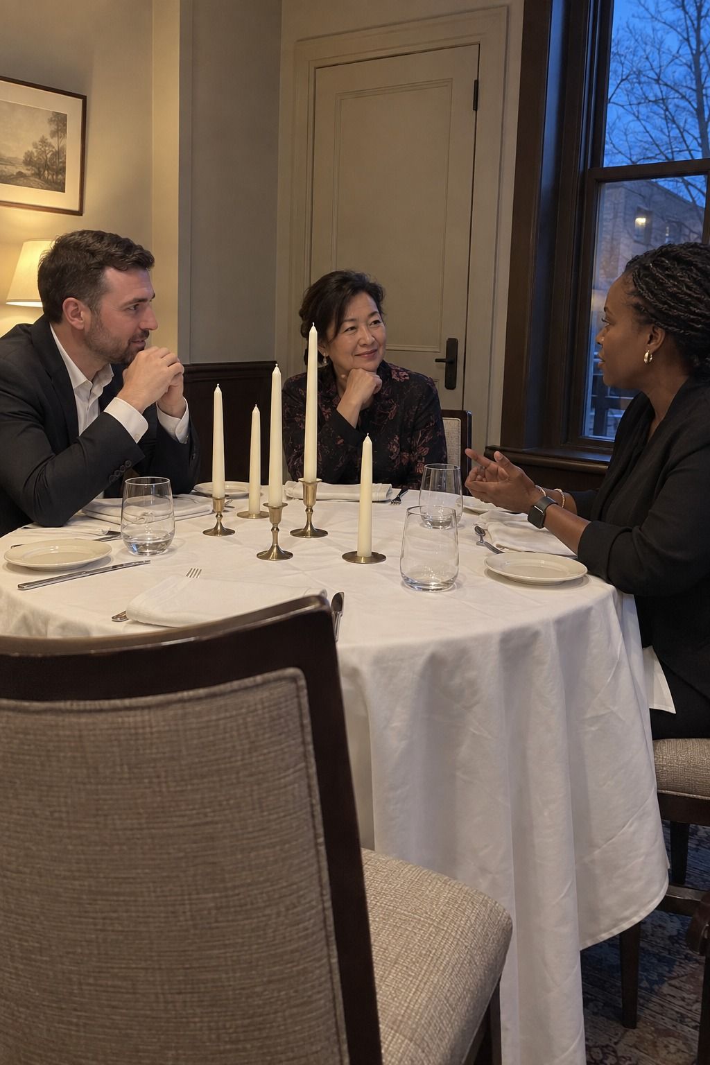 A groom, his older mother, and a coordinator test six unmistakably slender unlit taper candles at varied heights without crossing any face sight line.
