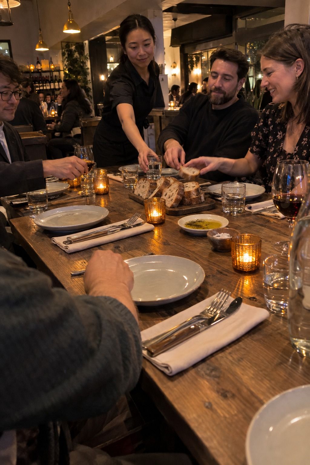 Amber-glass votives repeat in stable gaps as bistro guests pass bread and a server places water, leaving reach and serving space open.