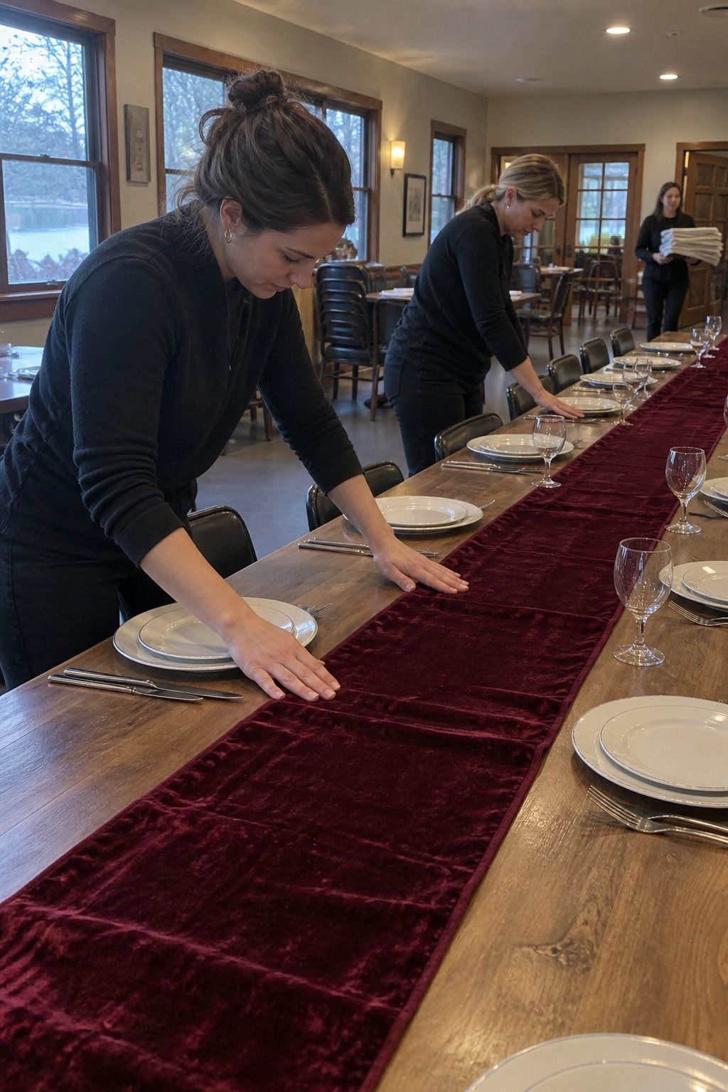 Three coordinators smooth a narrow burgundy velvet runner flat down a long lodge table while keeping it clear of plates and stemware.