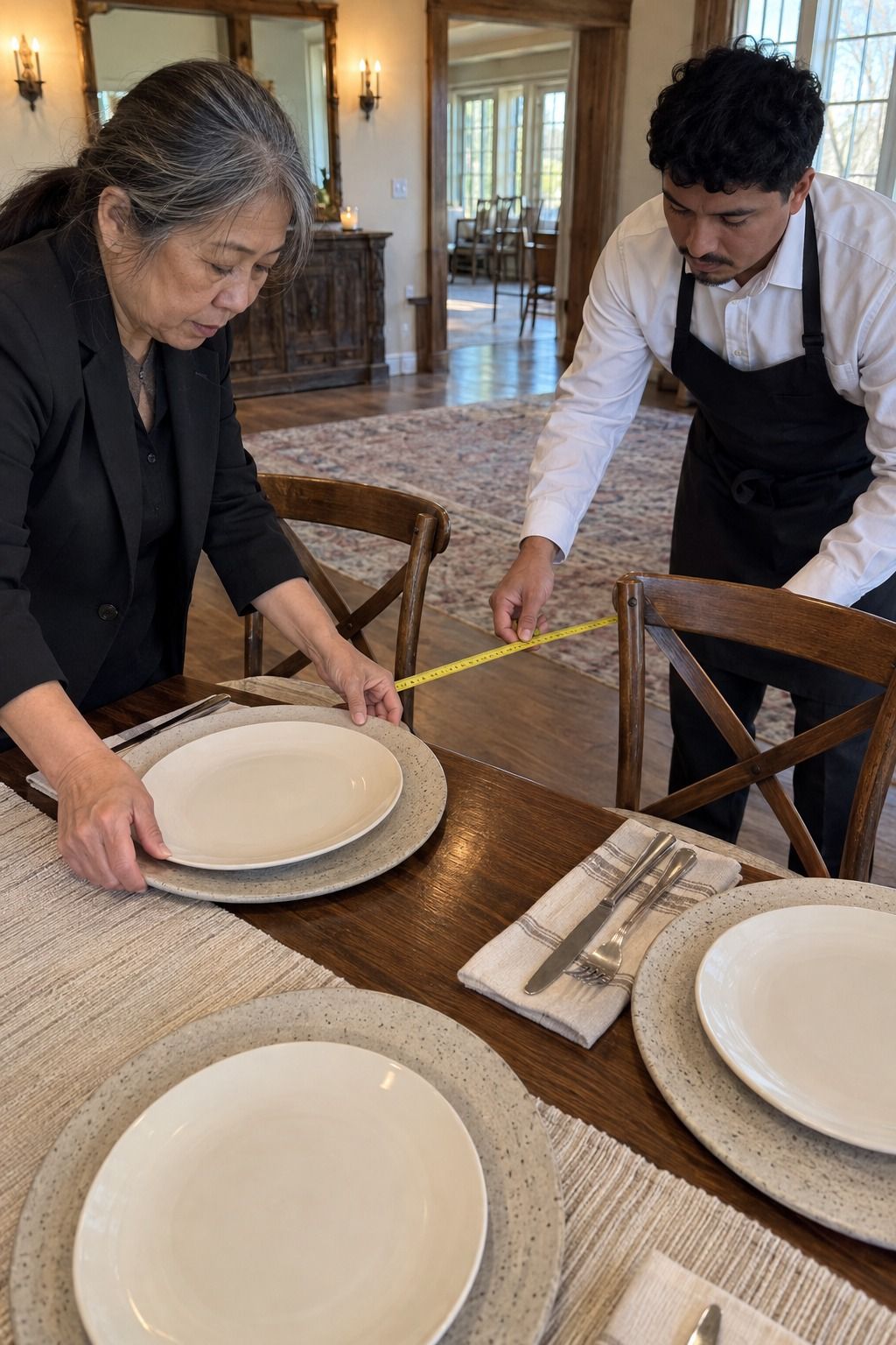 An older coordinator and a young server measure elbow space around matte speckled ceramic chargers under plain ivory plates.
