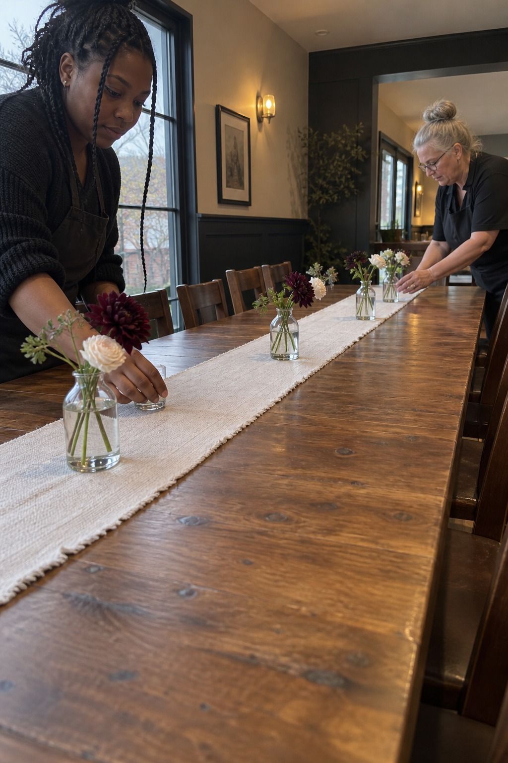 A Black florist and older coordinator space short bud vases with sparse burgundy and cream stems across a bare restaurant table.
