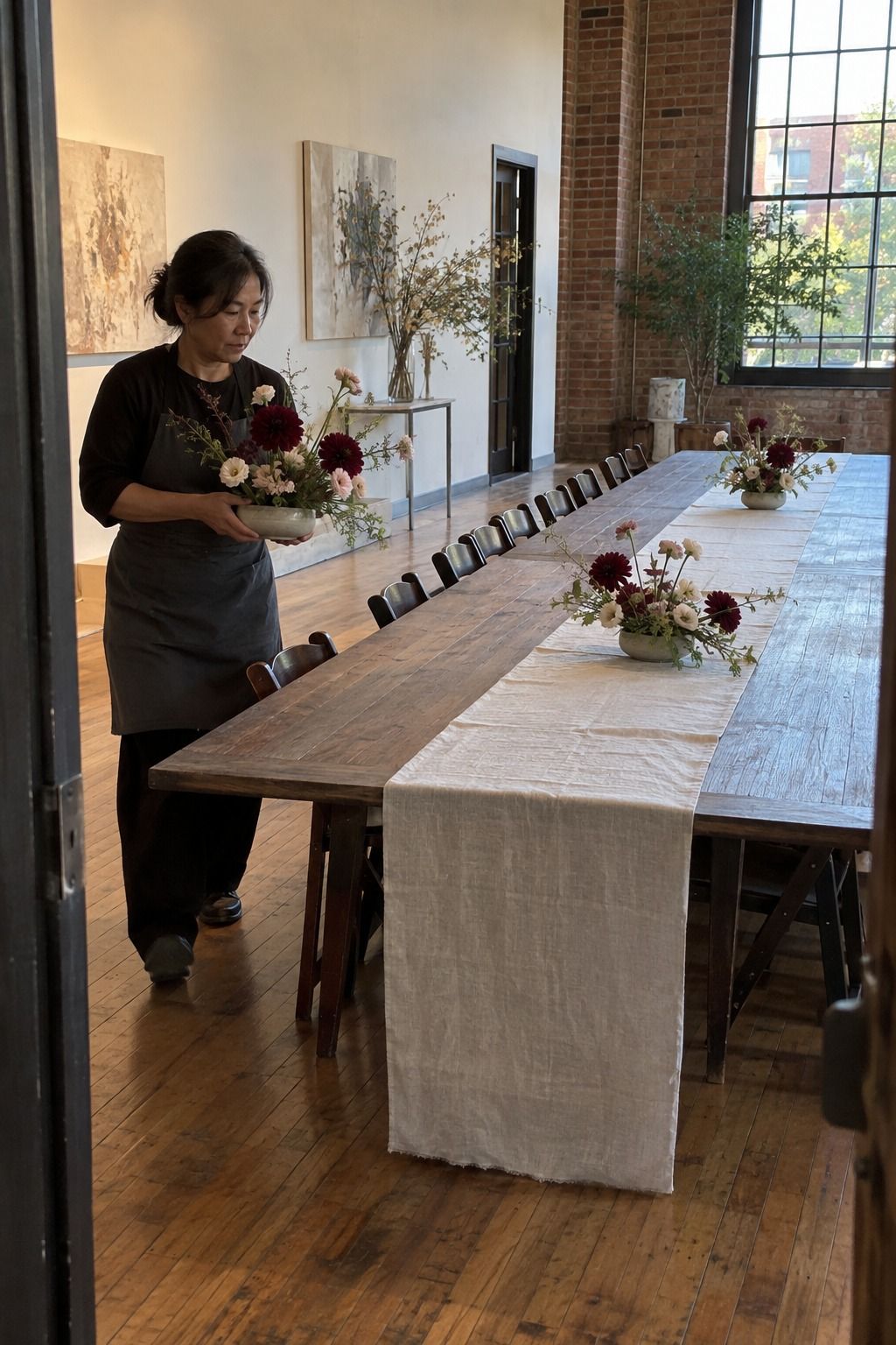 A Korean florist carries a restrained low burgundy-and-cream arrangement toward two widely spaced airy vessels on a bare arts-center table.