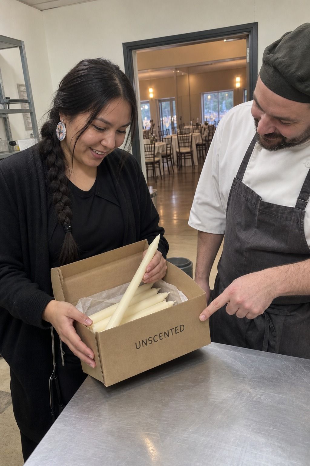 An Indigenous coordinator and venue chef check an unbranded box of unlit tapers clearly labeled UNSCENTED before dinner.