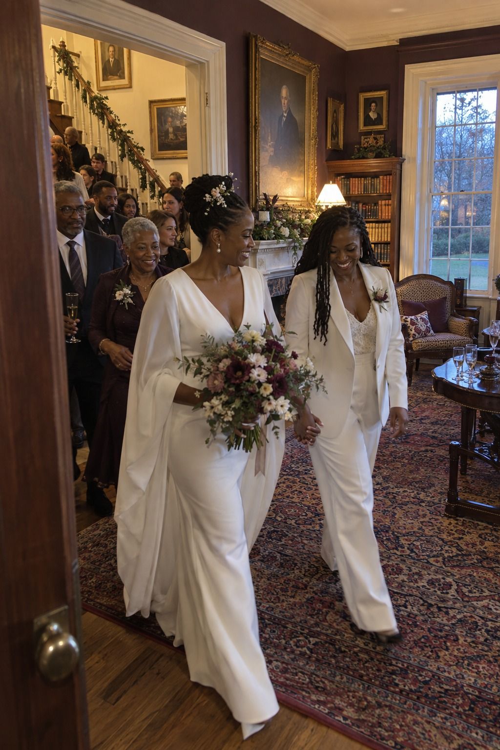 Two Black brides and their relatives move from a manor parlor toward a library cocktail room at blue hour.