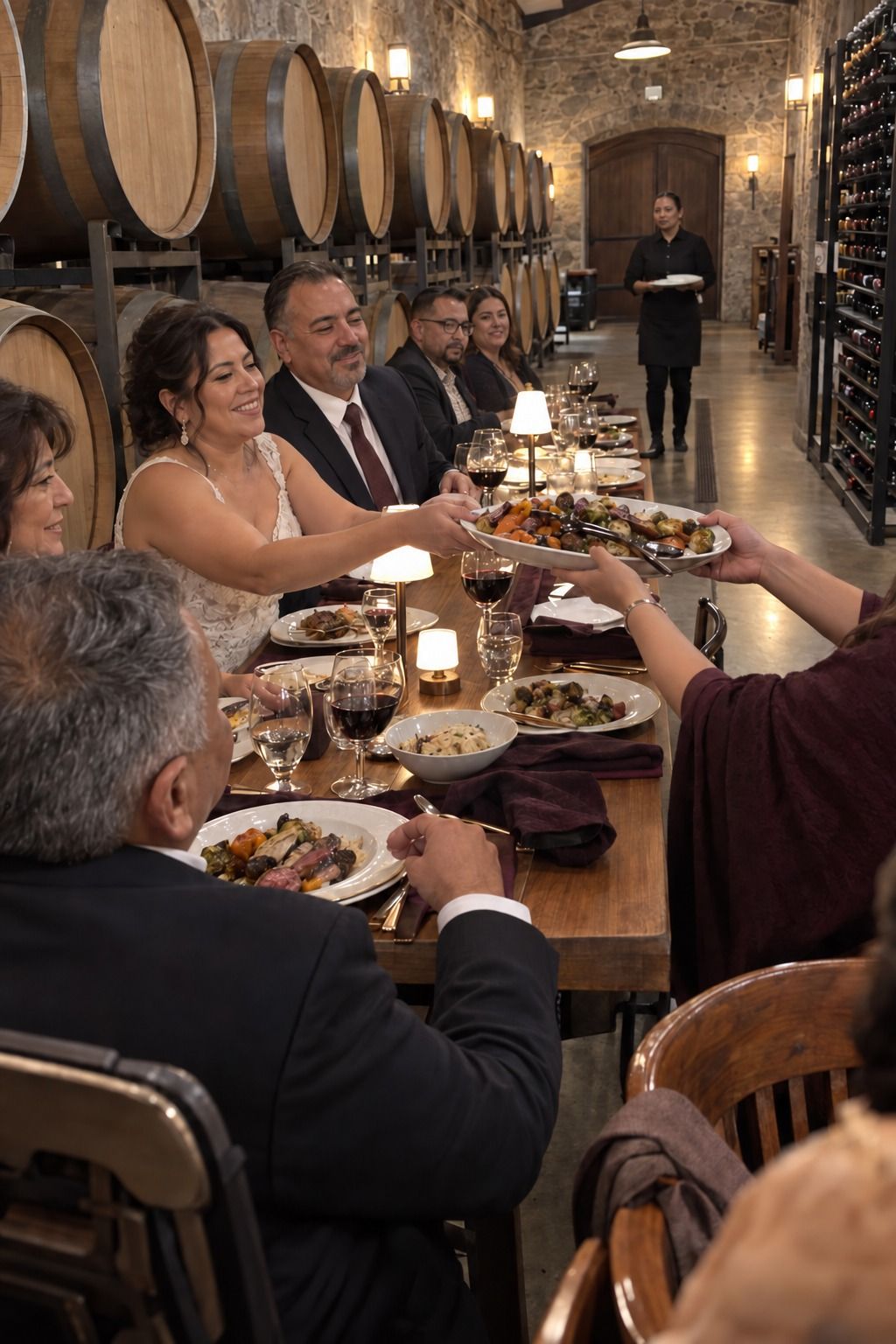 A Latino couple passes roasted vegetables at a flower-free narrow barrel-room supper with a clear service aisle.