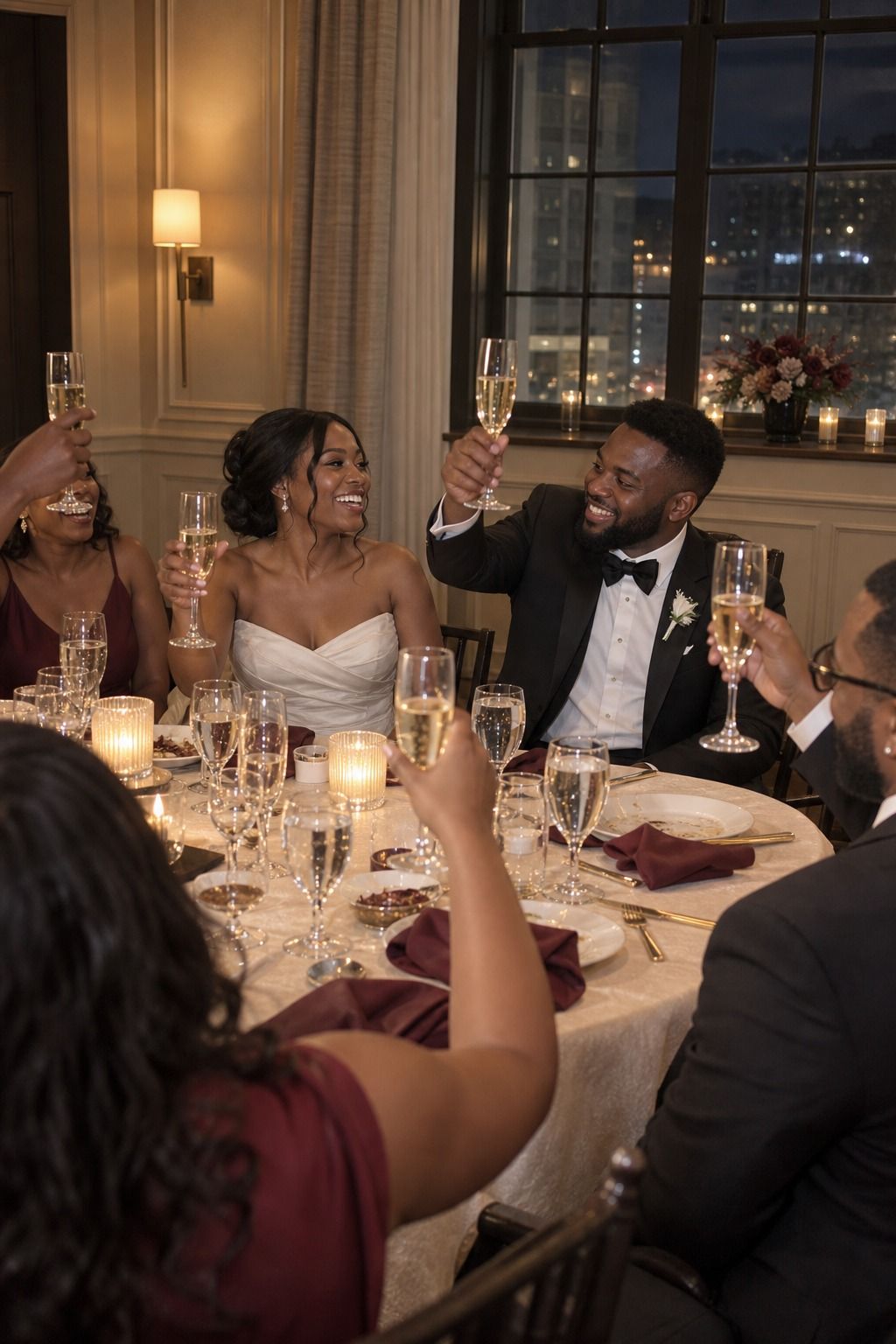 A Black bride and groom share a lively champagne toast in a warm hotel dining room with disciplined burgundy accents.