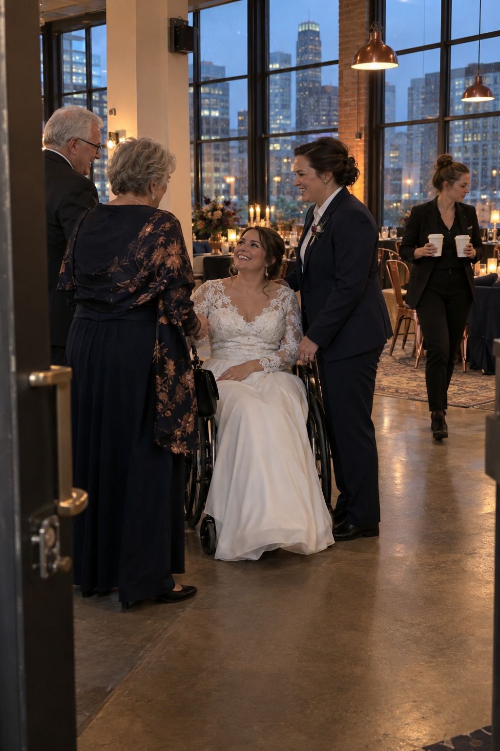 A wheelchair-using bride and her spouse greet older guests in an accessible city loft with navy and copper details.