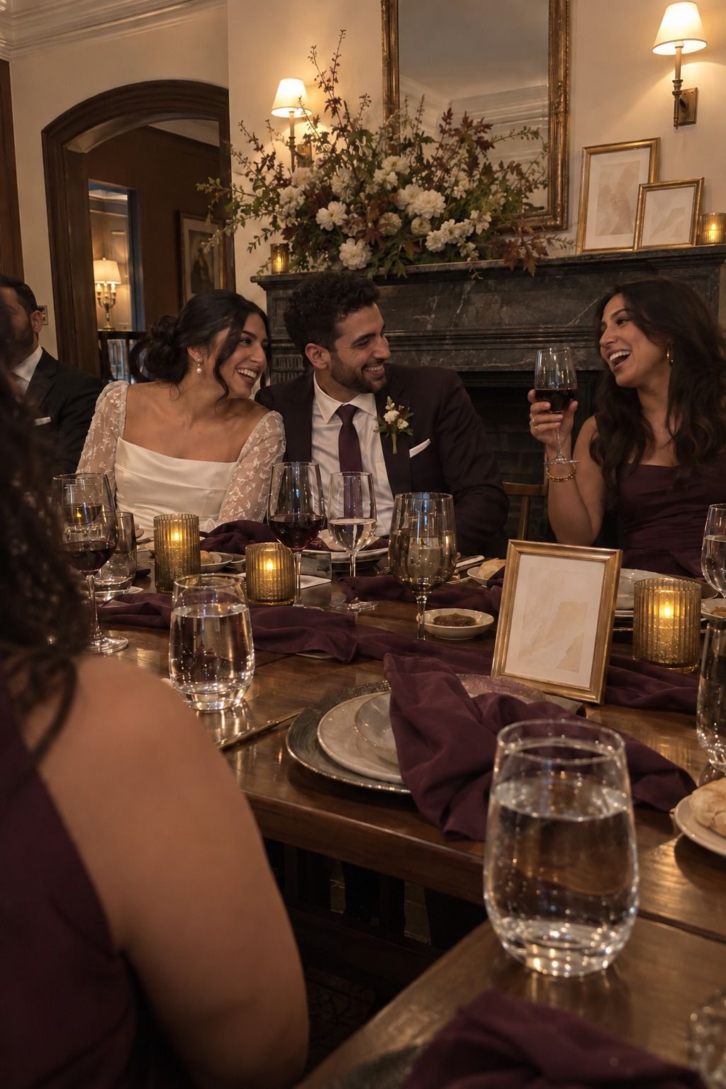 A Middle Eastern couple laughs with a friend at a plum-and-gold dinner beside a cold, unlit fireplace.