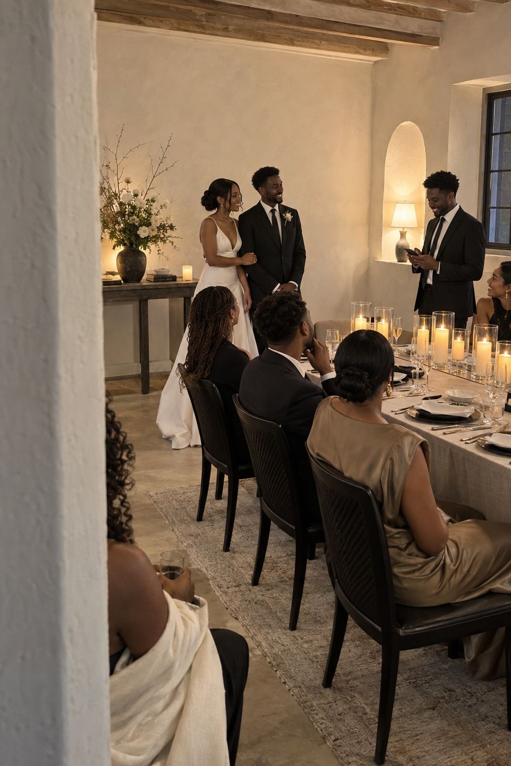 East African newlyweds listen to a close friend's toast beside a deliberate line of glass-protected electric candlelight.