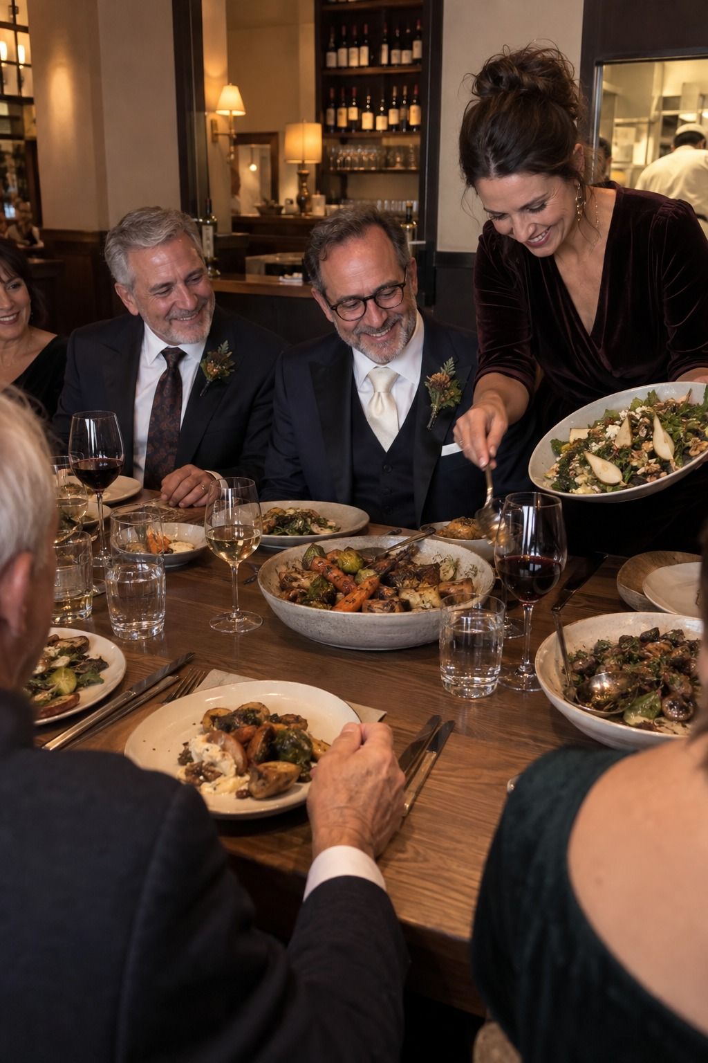 Two grooms share pear salad and roasted vegetables at a flower-free harvest supper without holiday props.