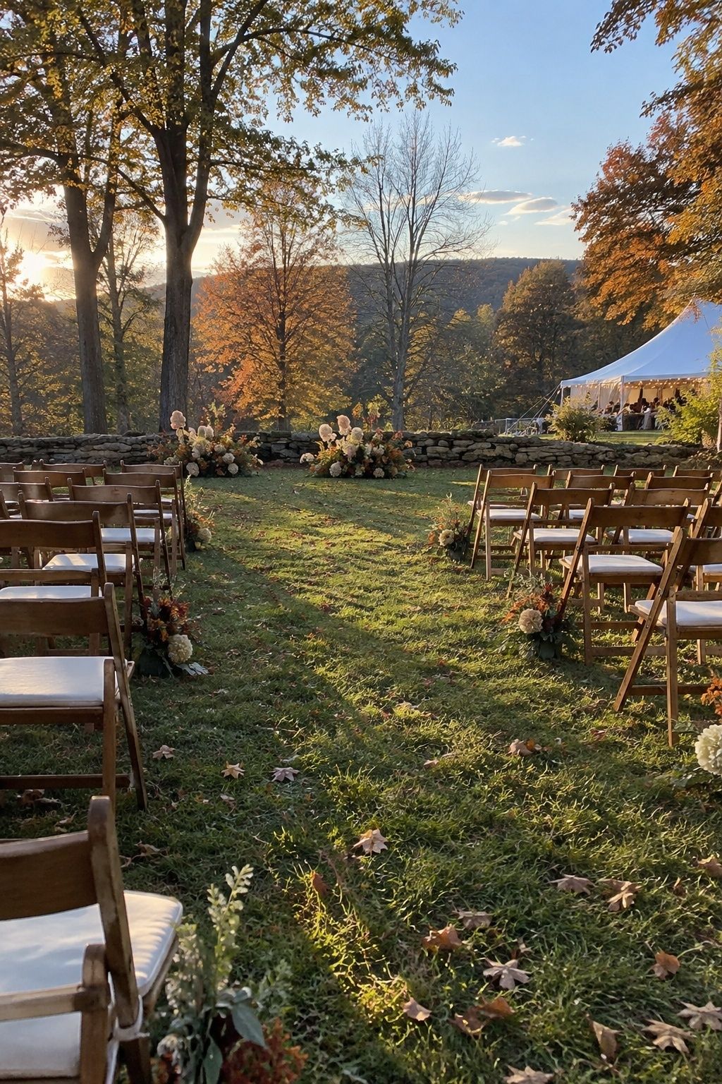 Small October outdoor wedding ceremony scheduled in warm late-afternoon daylight