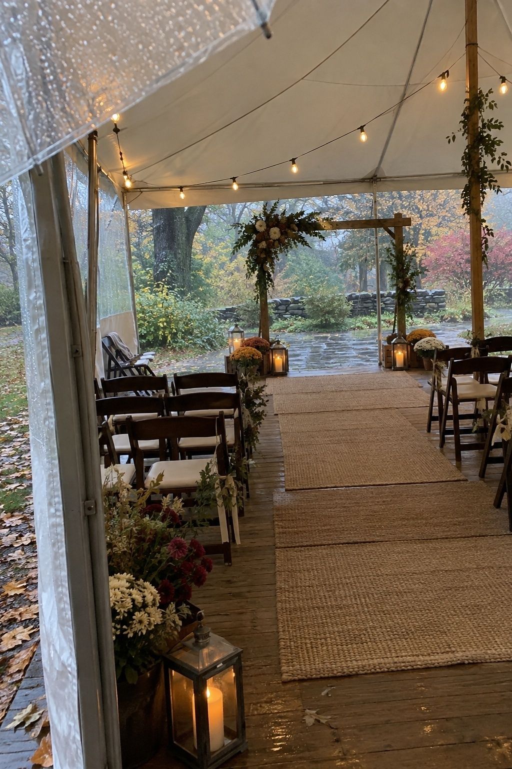 Designed October wedding rain backup under a dry tent with wet garden outside