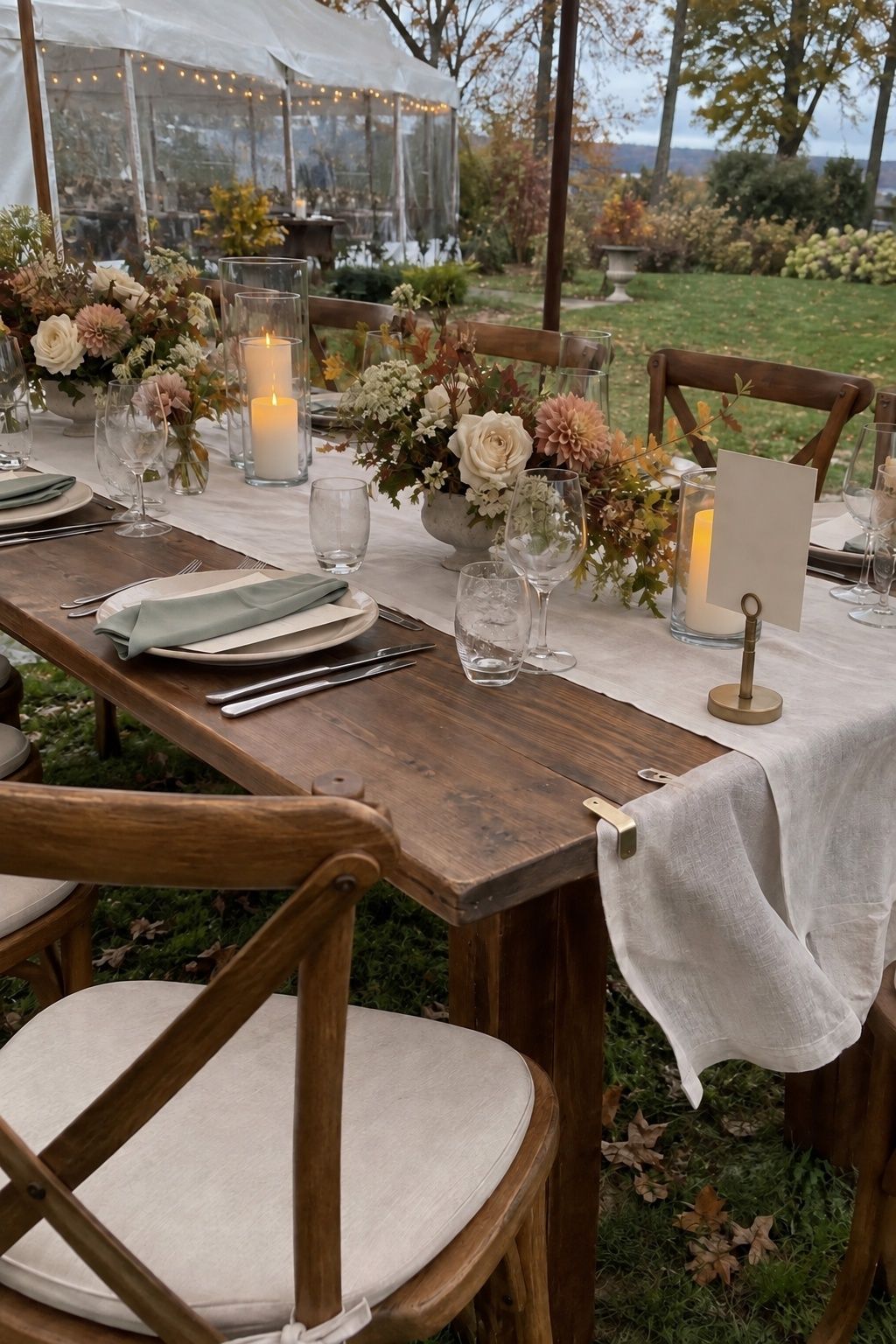 Wind-safe October wedding table with clipped linen, sturdy cards, low flowers and enclosed candles