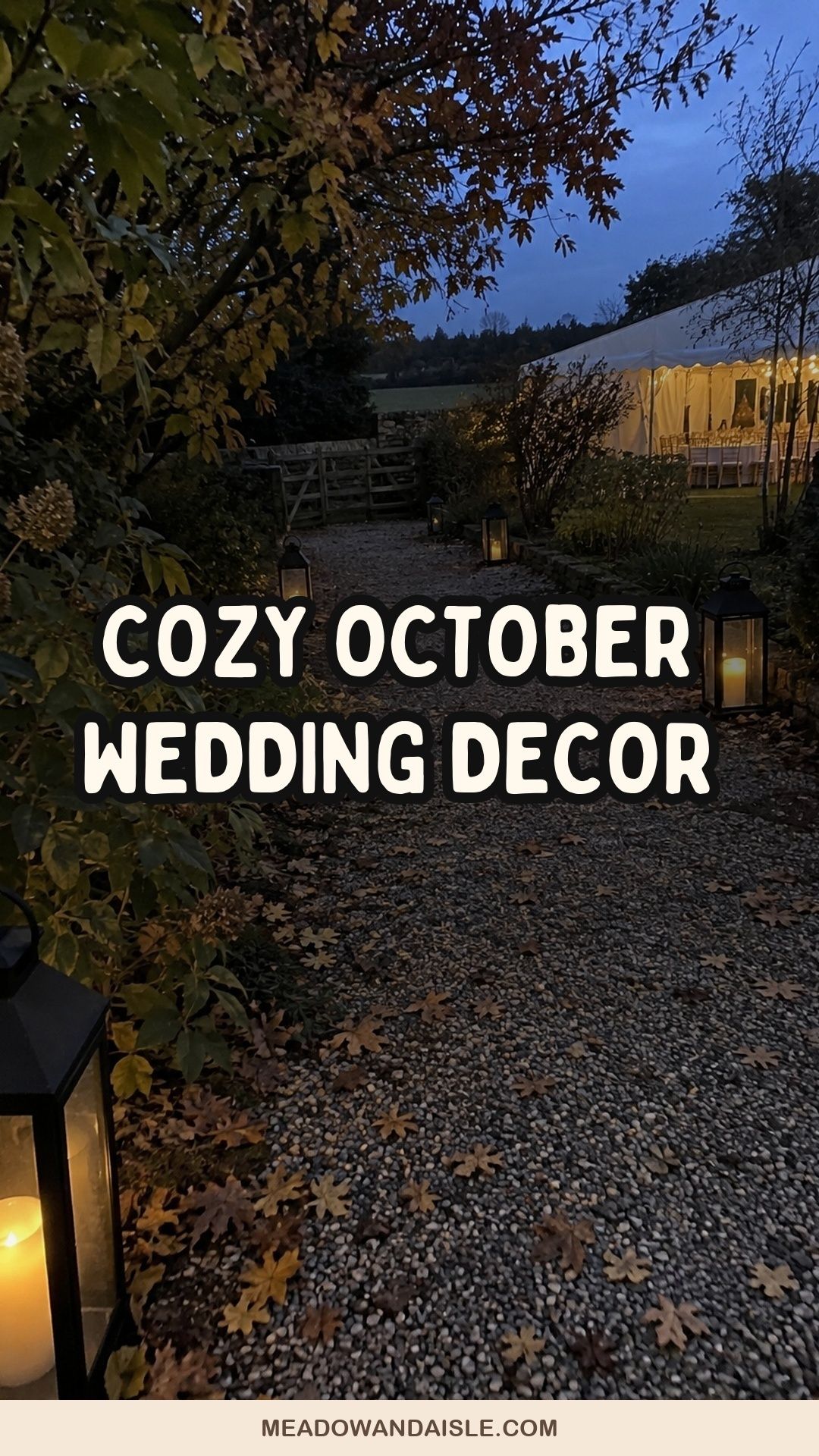 Cozy October wedding decor ideas over a lantern-lit path to an intimate reception