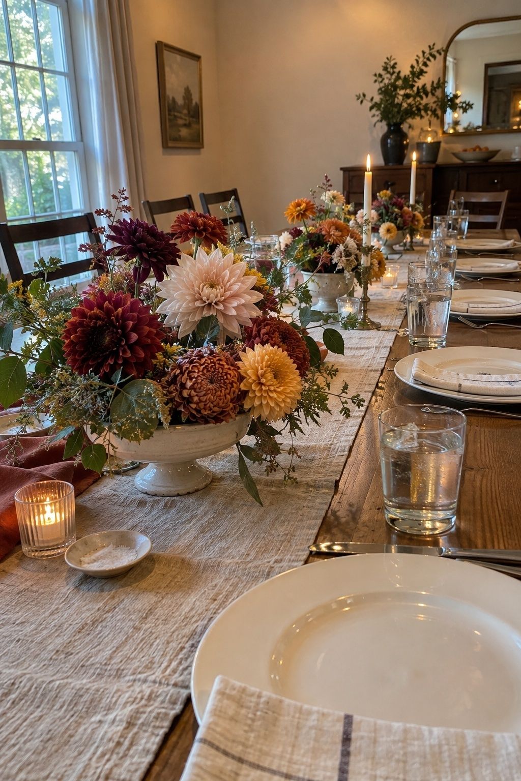 Low dahlia and mum centerpiece keeping sightlines open at an October wedding dinner