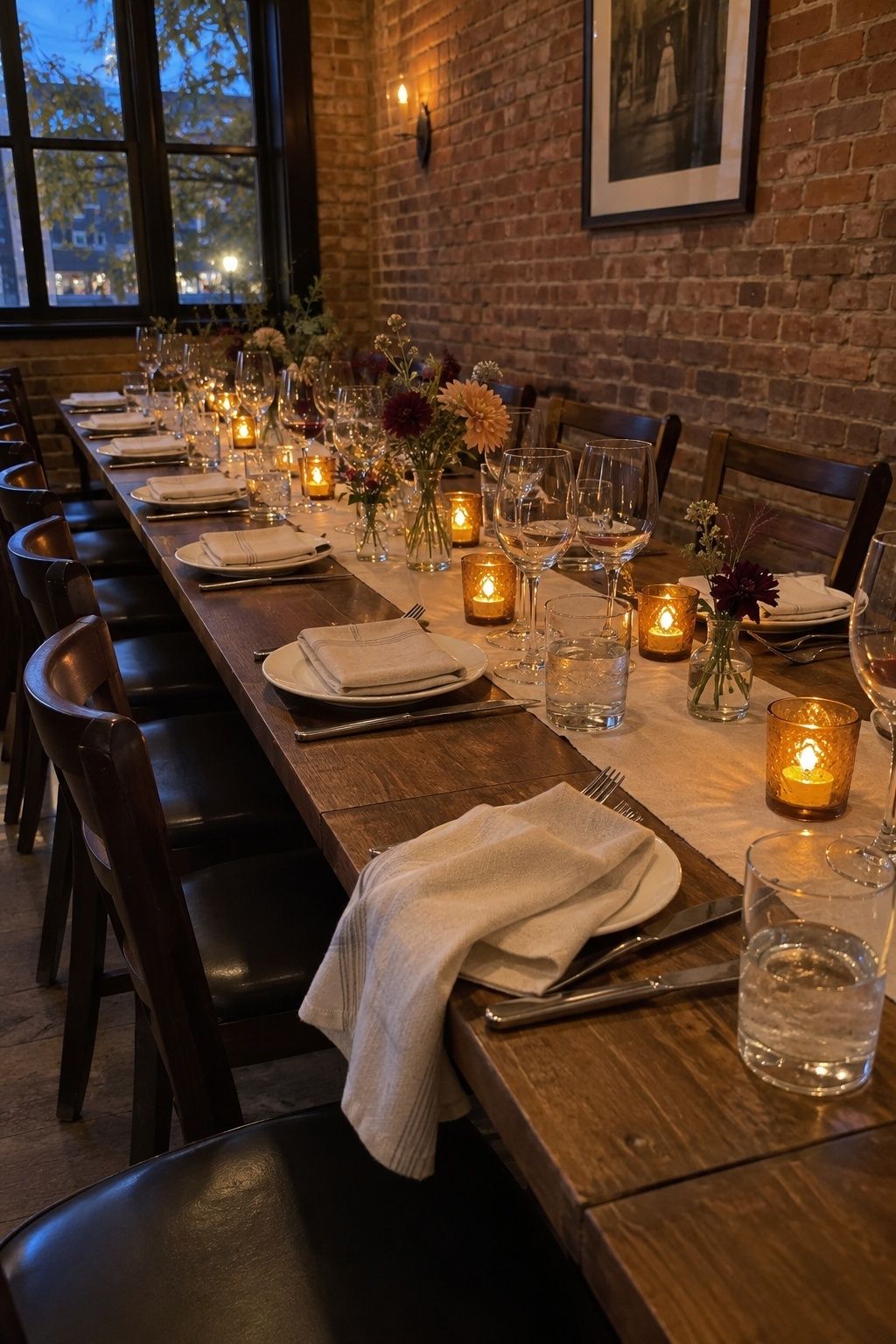 Amber votives glowing across a long intimate October wedding dinner table