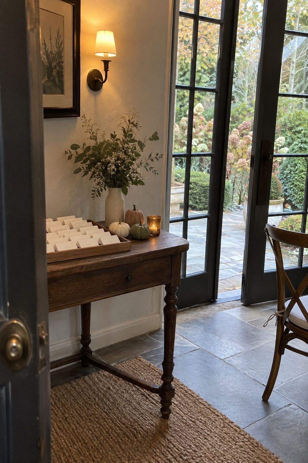 Three restrained heirloom mini pumpkins used as October wedding accents