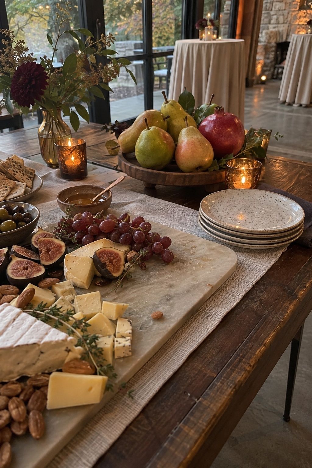 Figs, pears and pomegranate adding edible October detail to a wedding table