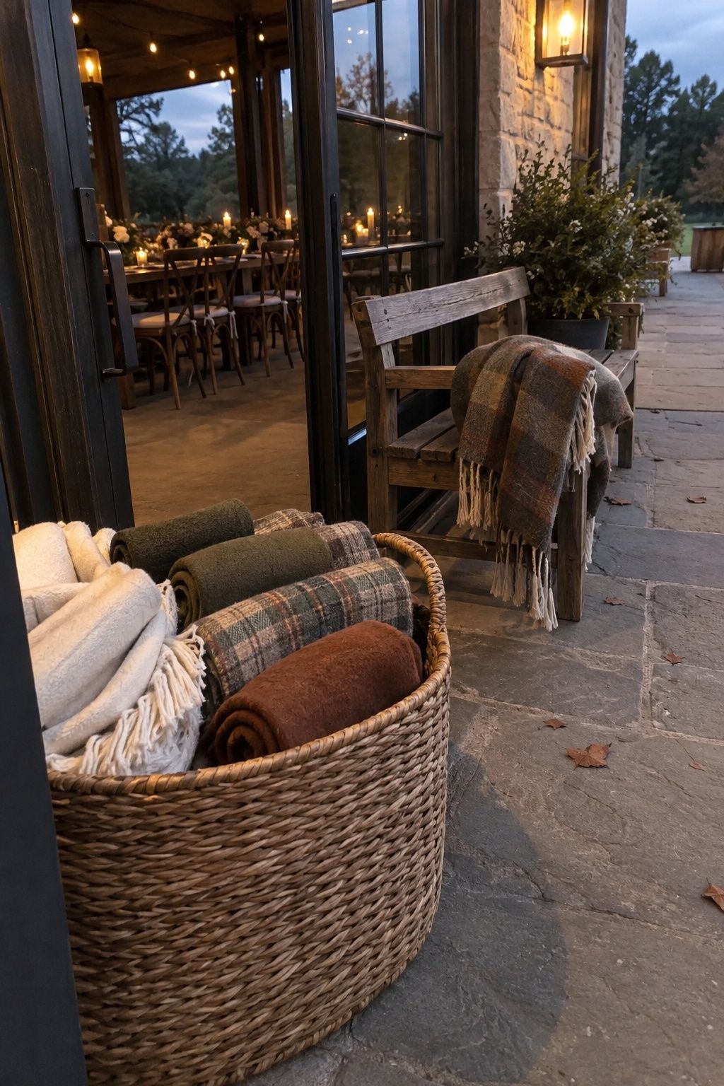 Wool guest blankets styled in a basket and bench for a cool October wedding