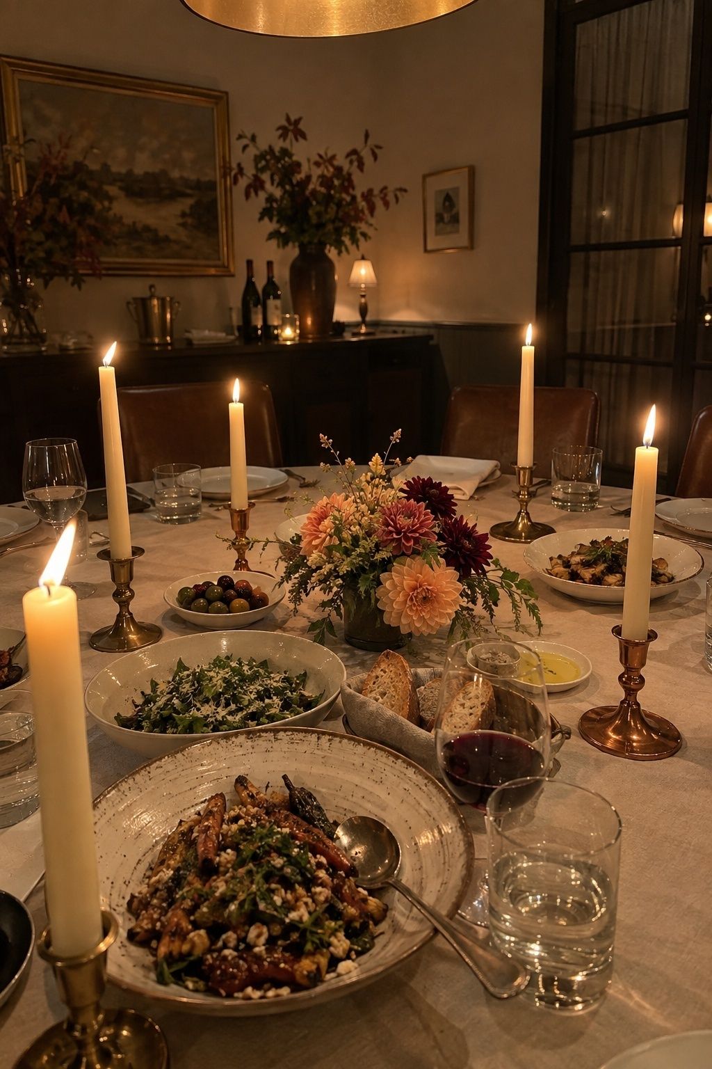 Brass and copper candle holders adding warm glow to an October dinner table