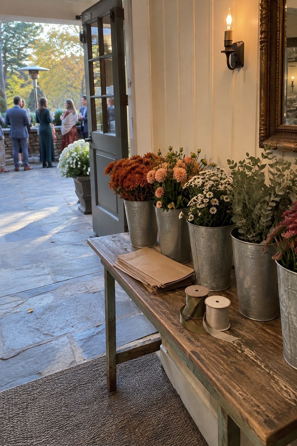 Compact seasonal flower bar inviting guests to take a bloom home
