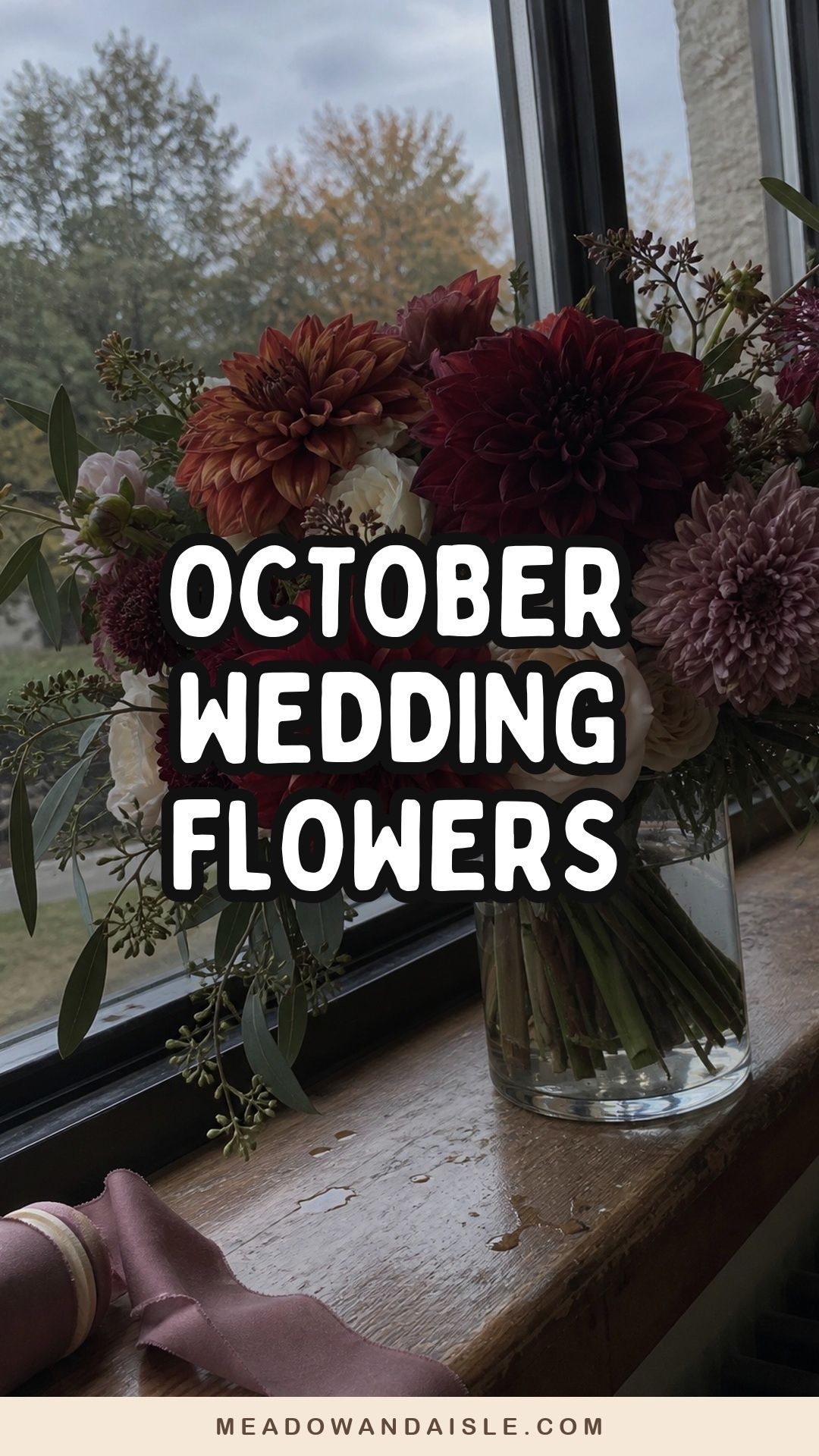October wedding flowers in rich burgundy, rust, cream, and antique fall tones