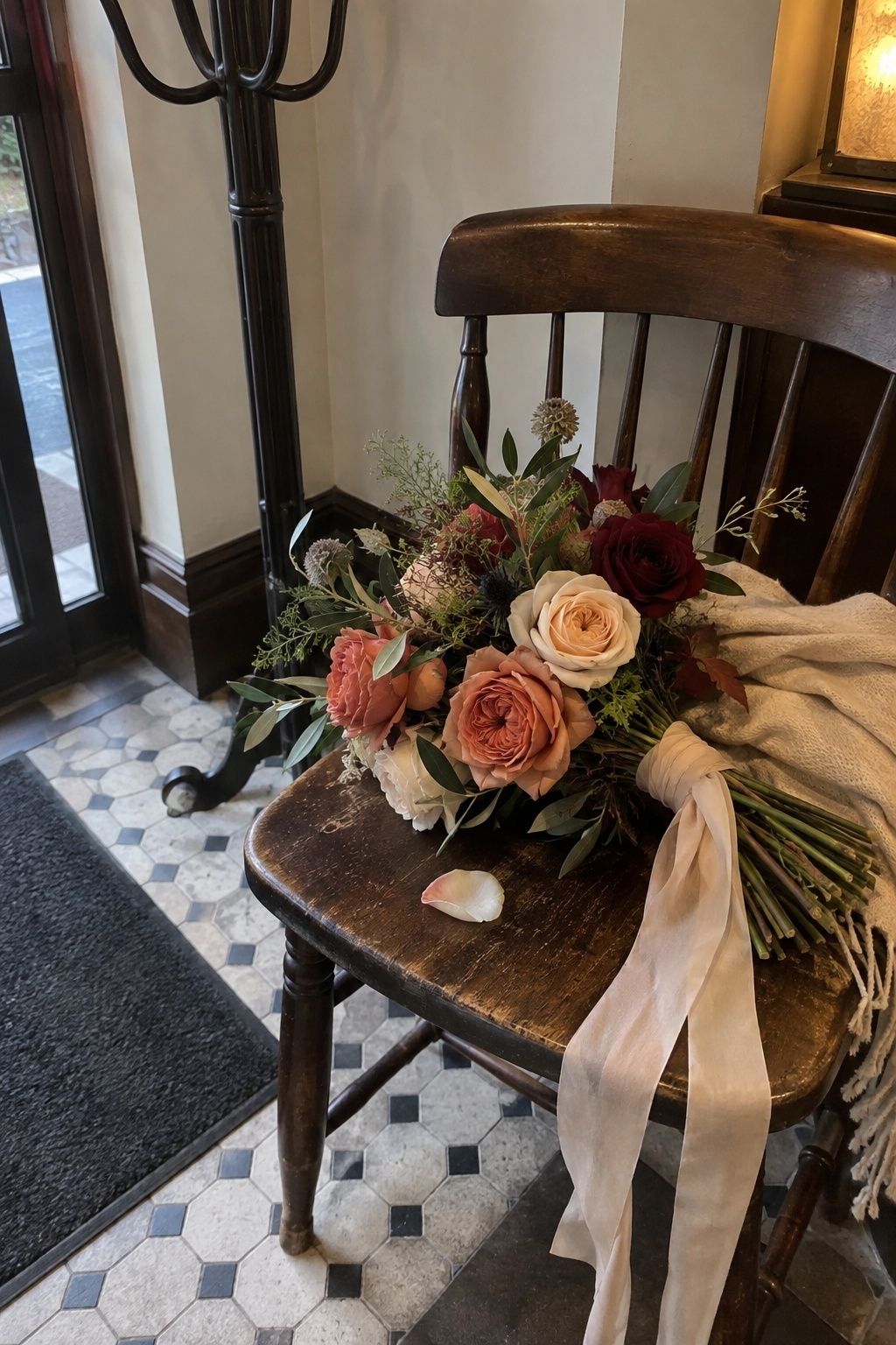 Garden roses in terracotta, cream and burgundy
