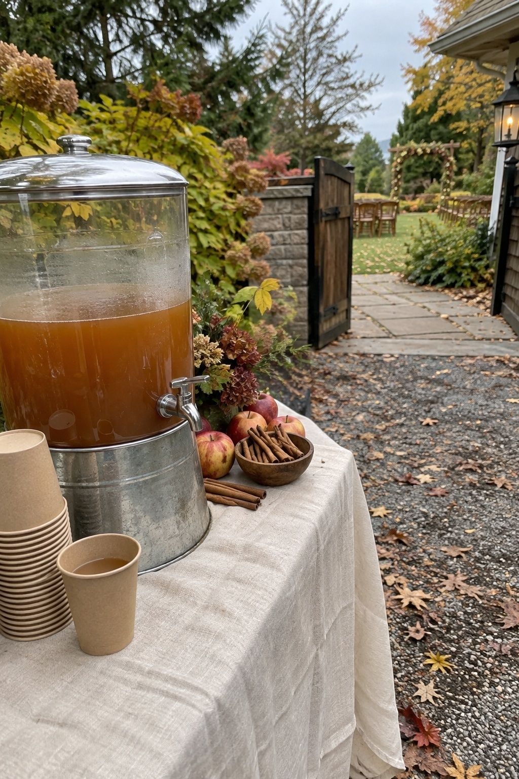 Hot cider welcome station beside an intimate October ceremony entrance
