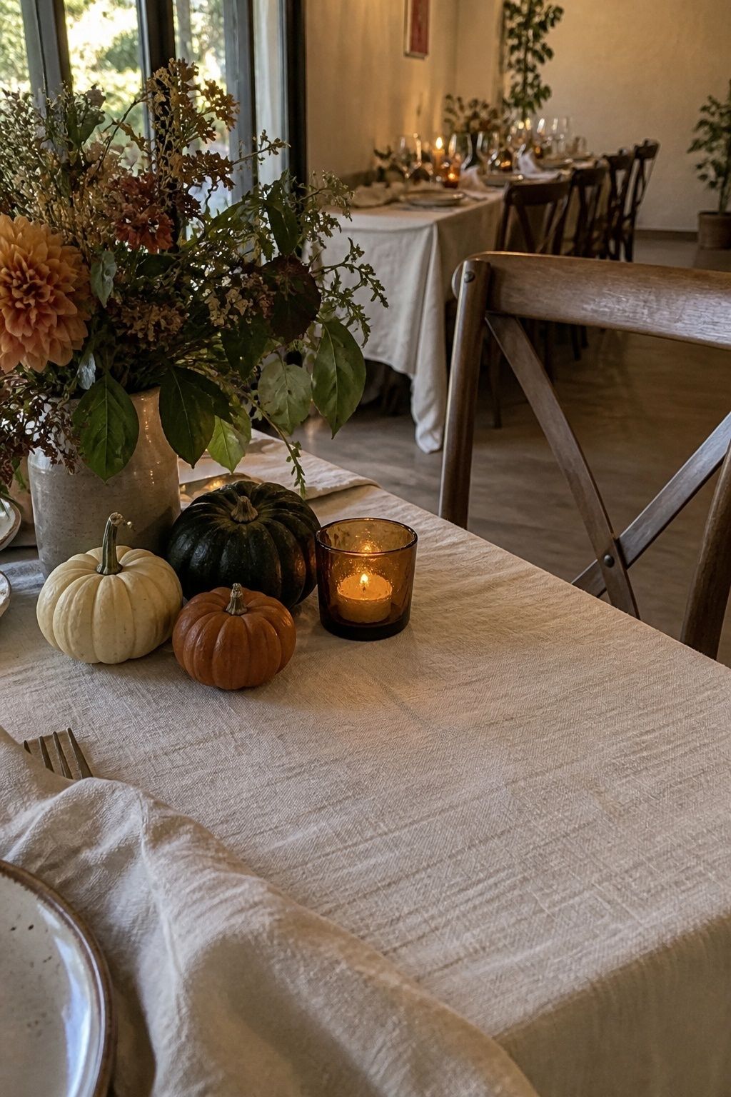 Three small heirloom gourds used as restrained October wedding table texture