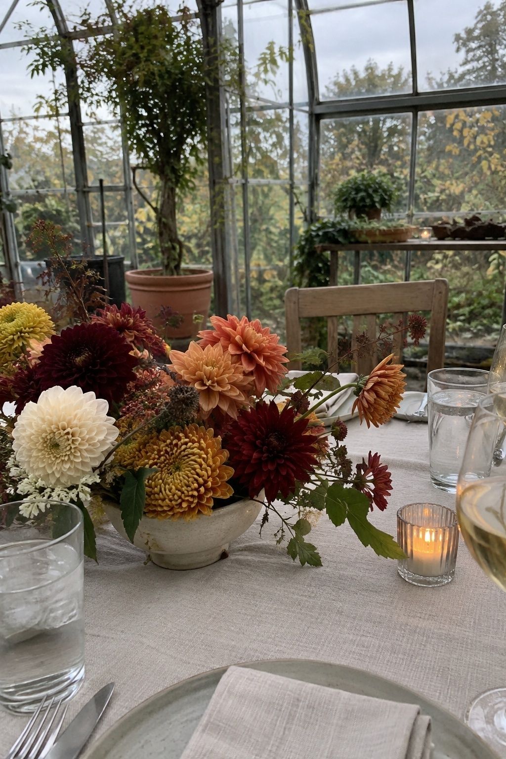 Low dahlia and mum centerpiece at an intimate October wedding table
