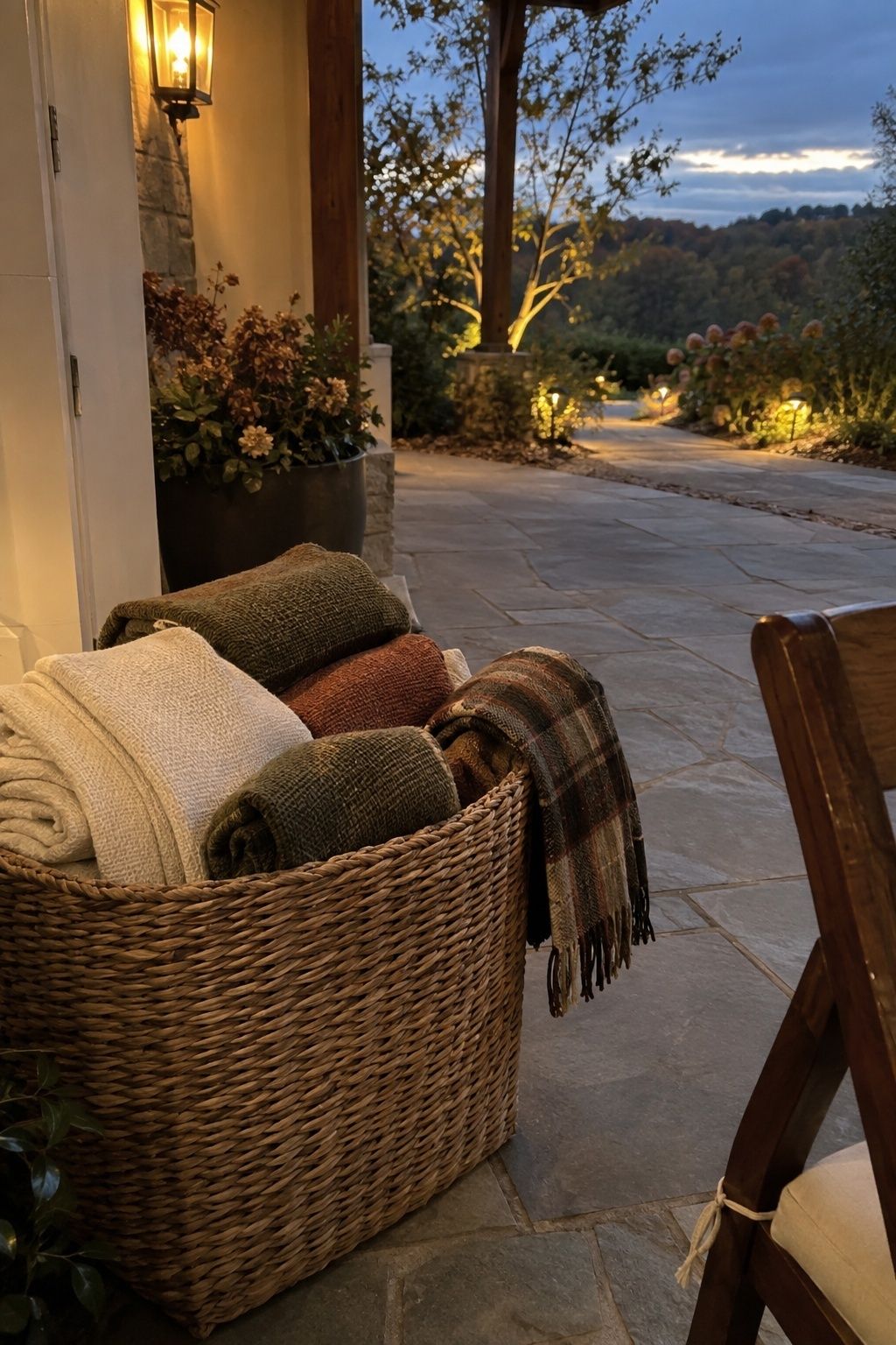 Wool guest wraps placed beside the natural path at an October wedding