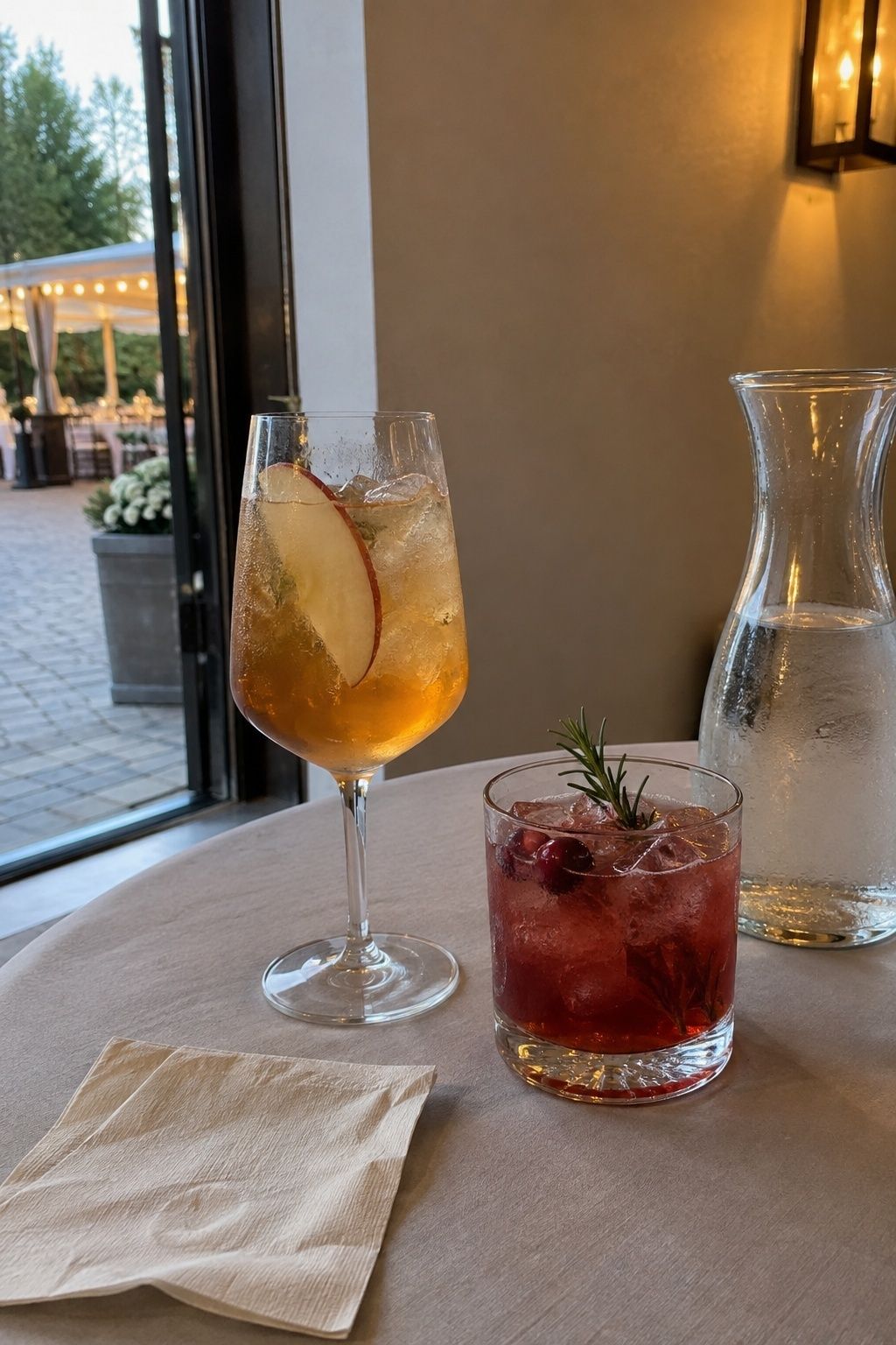 Cider spritz and cranberry rosemary mocktail at an October cocktail hour