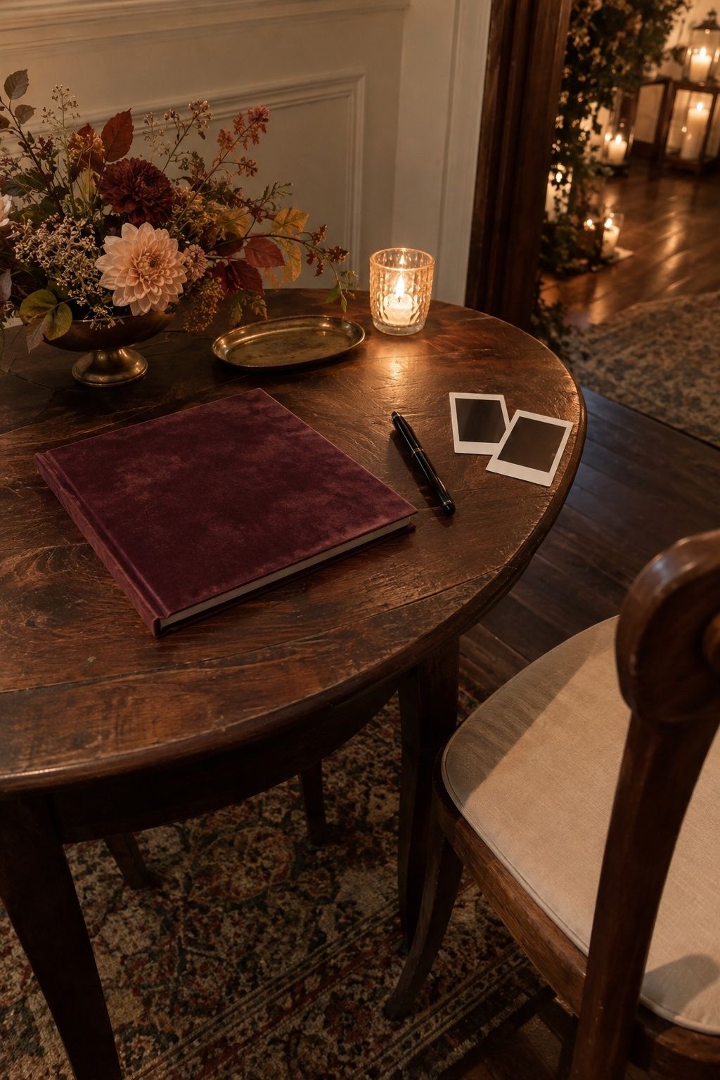 Plum velvet guest book with instant photos at an October wedding