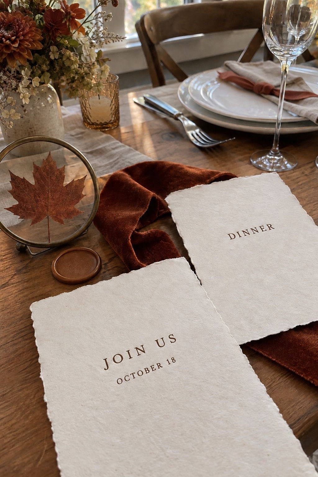 Warm deckled October wedding stationery with rust velvet and pressed leaf
