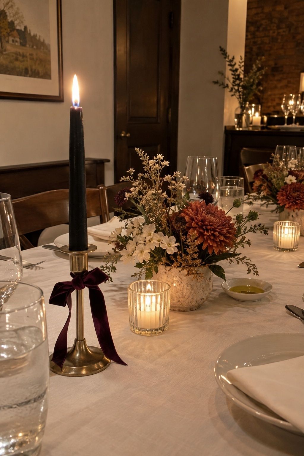 Single black taper used as a subtle Halloween detail at an October wedding