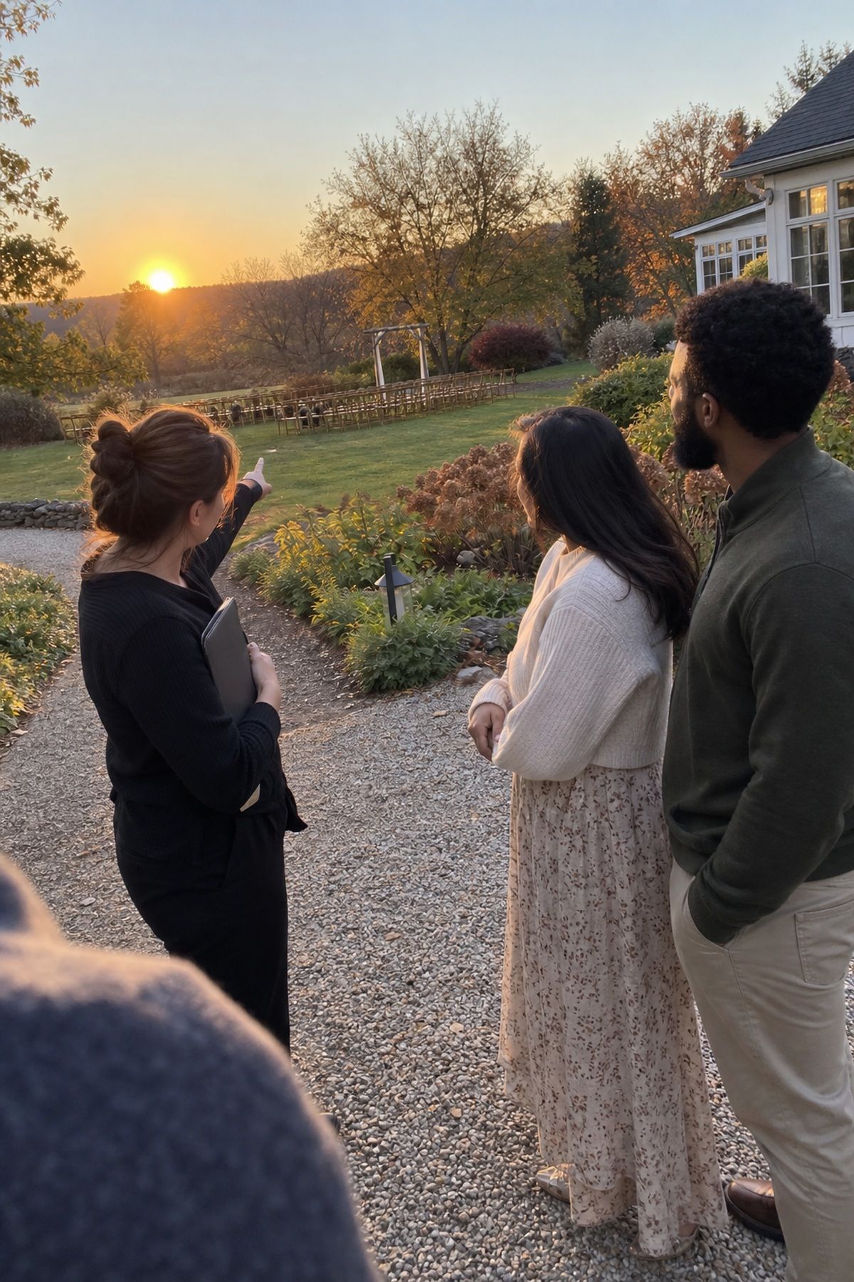 A coordinator and couple check the low October sun while finalizing the wedding photo timeline.