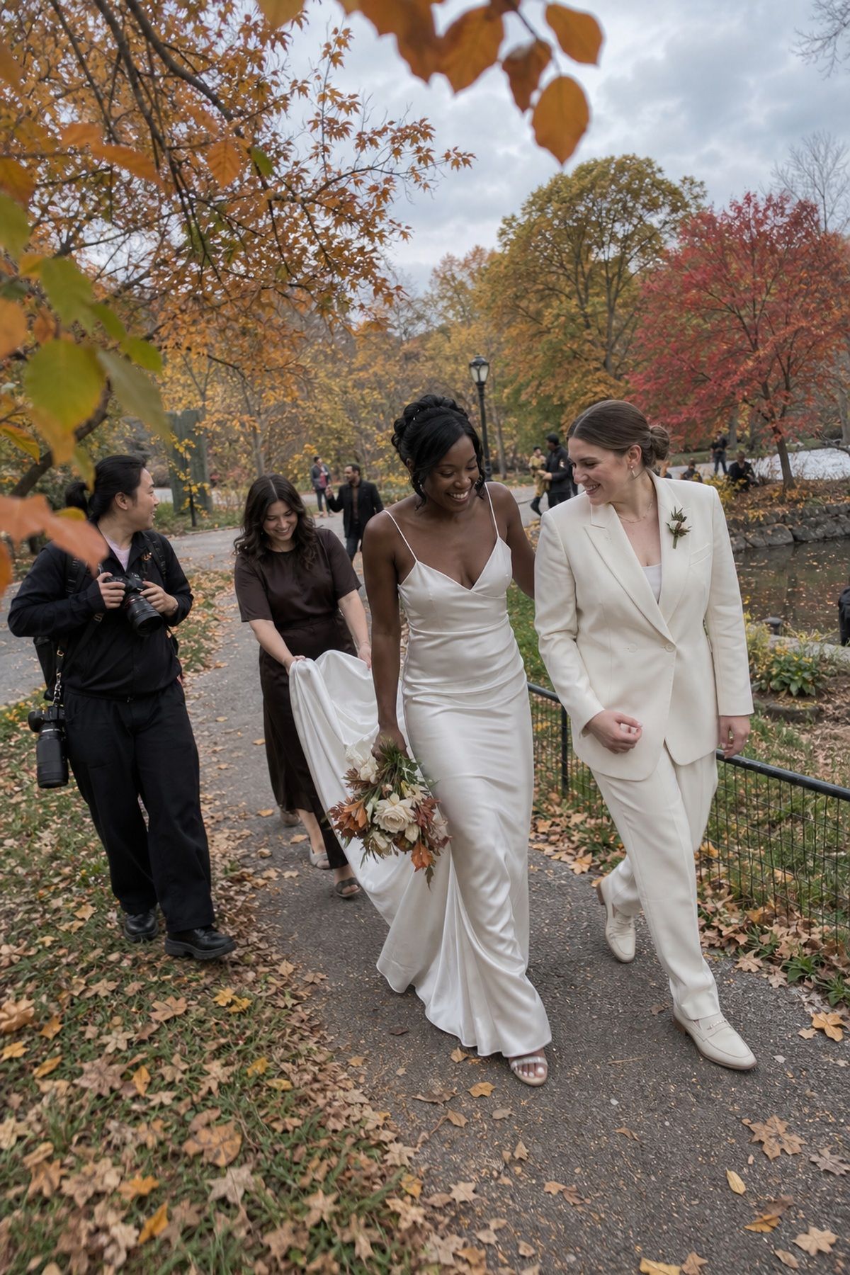 Two brides and their photo team use a short October foliage portrait window.