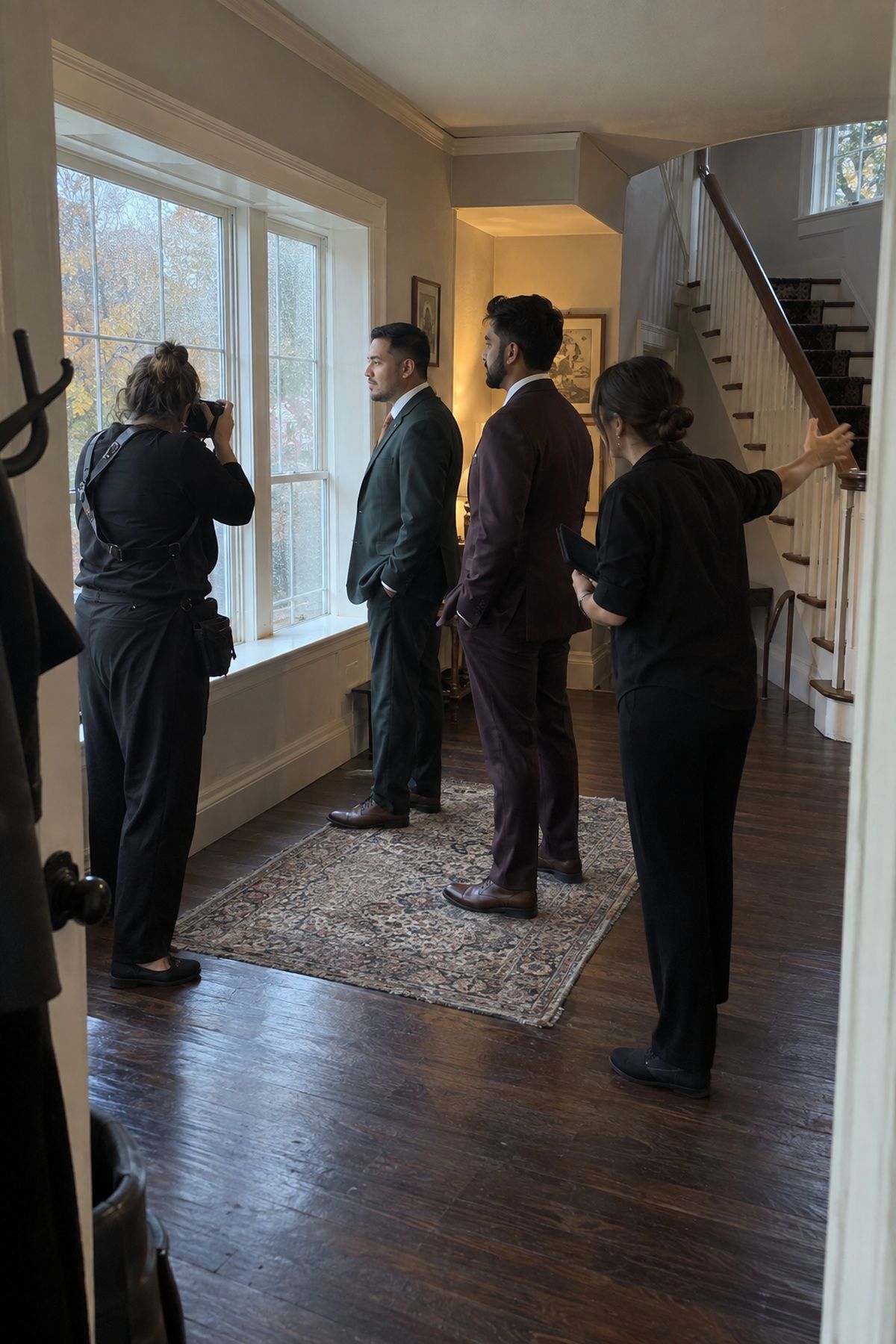 Two grooms and their photo team check indoor October wedding portrait spots in advance.