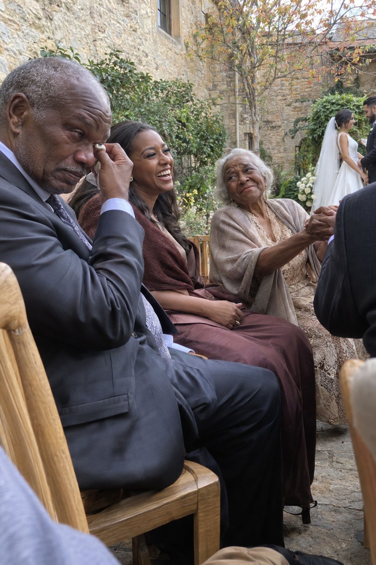 Three generations of guests react after the vows at an October wedding.