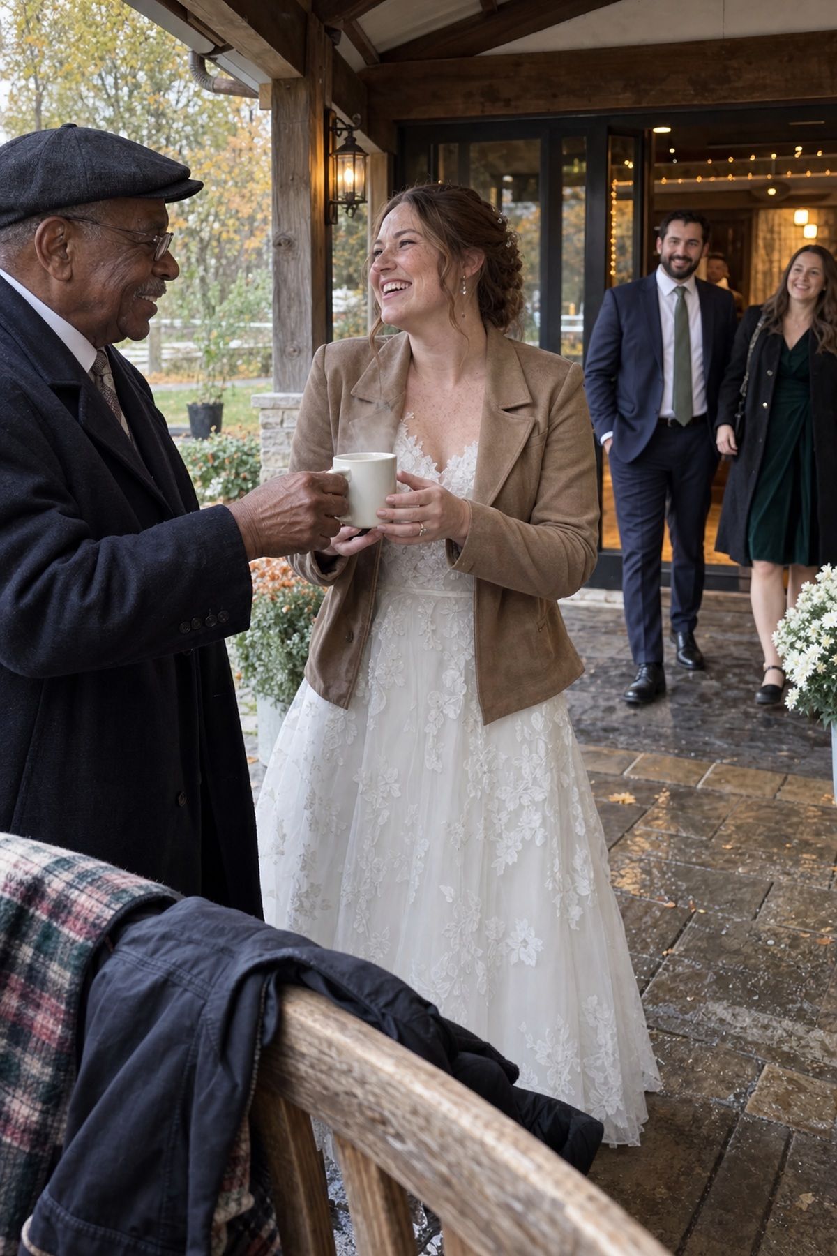 A bride laughs with her grandfather while accepting a warm drink at an October wedding.
