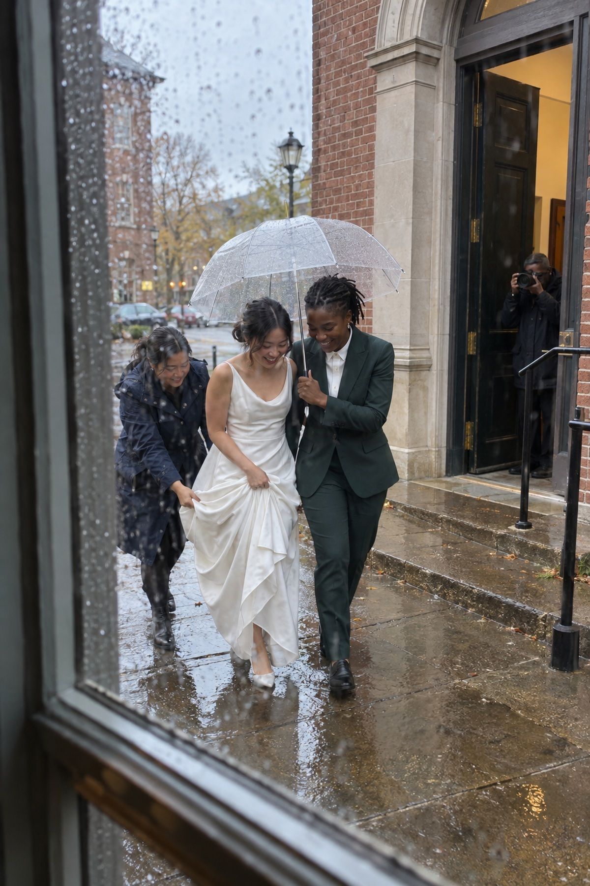 Two brides share a clear umbrella outside a rain-speckled window at an October wedding.