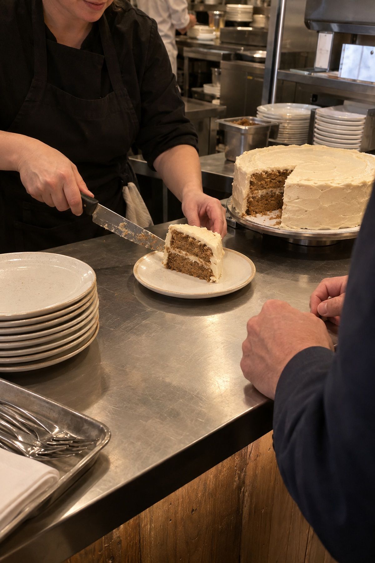 A caterer plates a slice of apple spice cake for an October wedding dessert.