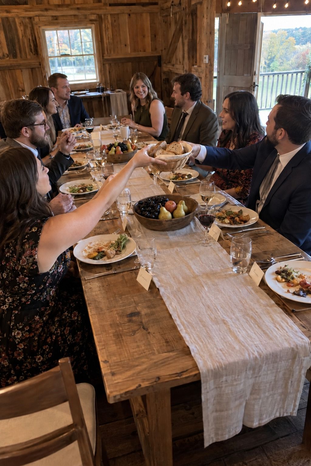 One occupied long harvest table connects every guest in the same dinner scene.