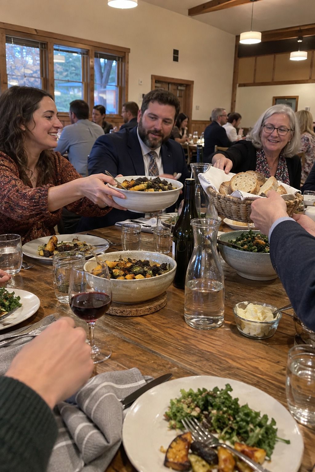 Wedding guests pass generous autumn dishes around a family-style table.