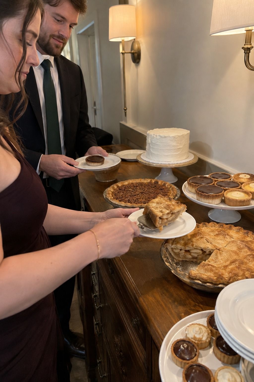 Guests choose apple pie and mini desserts from a clean, botanical-free dessert table.
