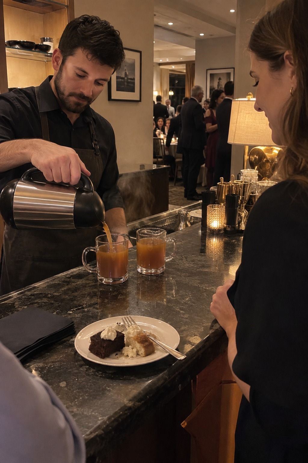 A bartender safely pours a warm cocktail pairing after dinner.