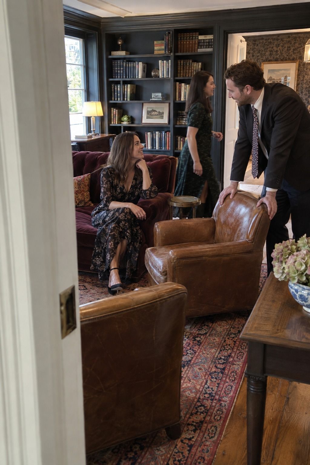 Guests use velvet and leather lounge seating during the reception.