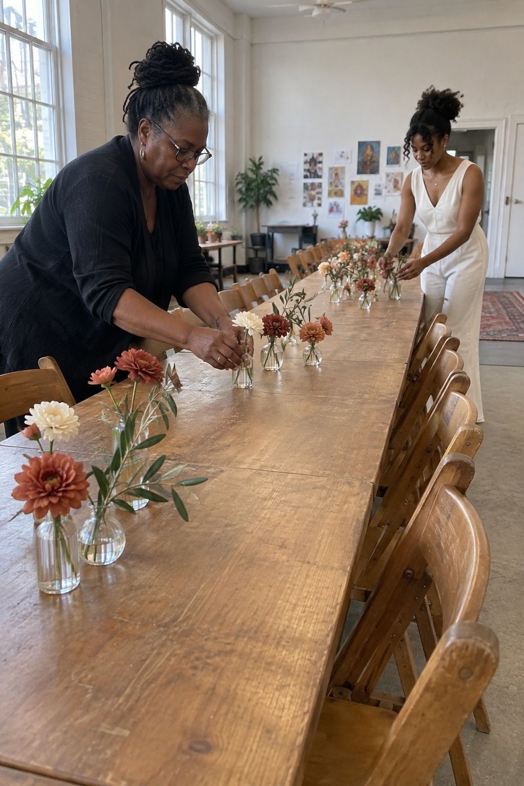 Coordinator and bride finish low terracotta, cream, rust and olive bud-vase clusters on a bare pre-service arts-room table.