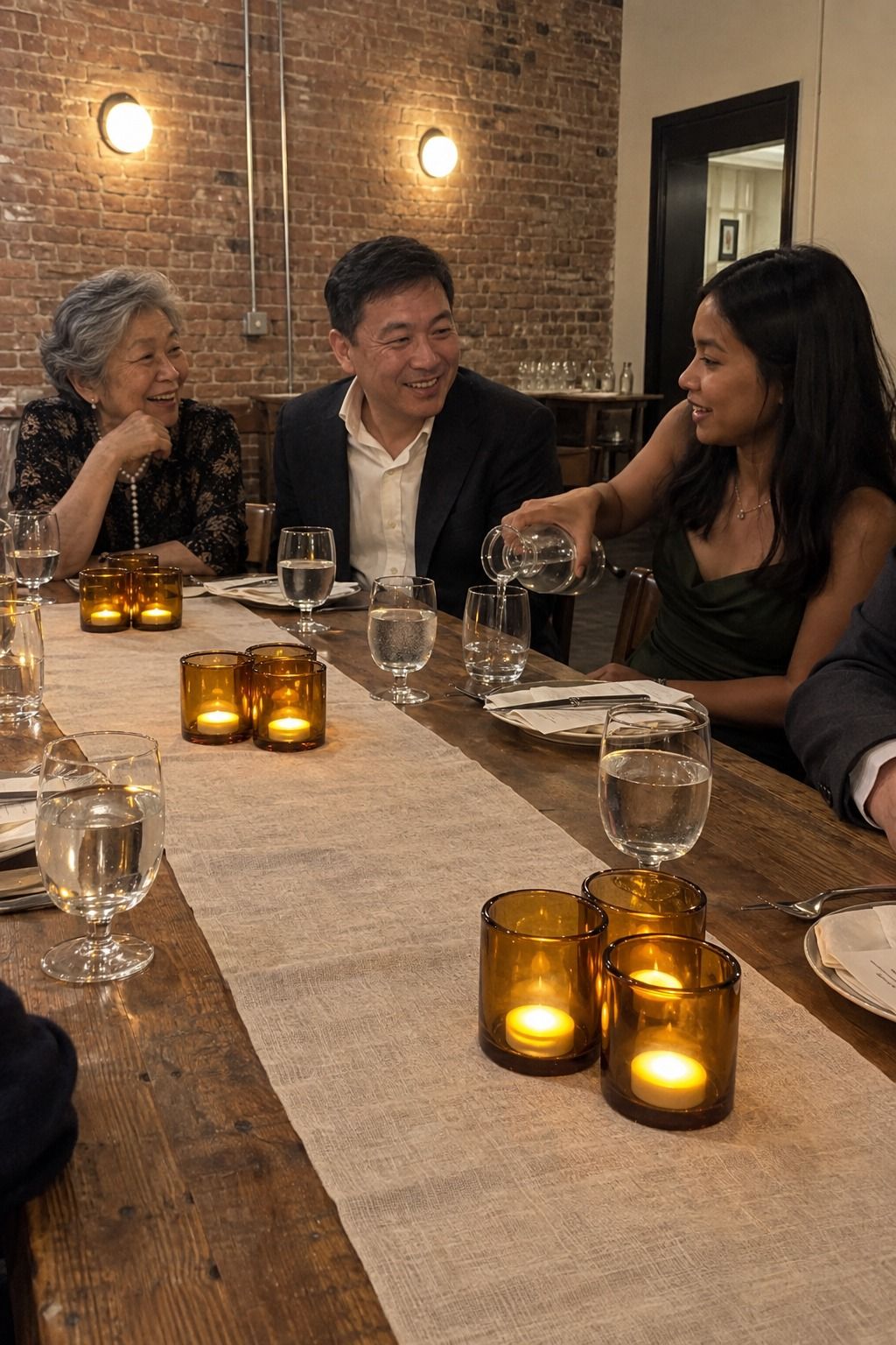 Multigenerational Asian guests dine beside repeated amber glass clusters containing clearly visible flat white LED pucks.