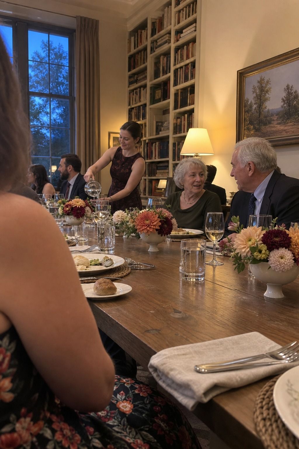 Older guests converse across short dahlia-and-mum compotes while water is poured.
